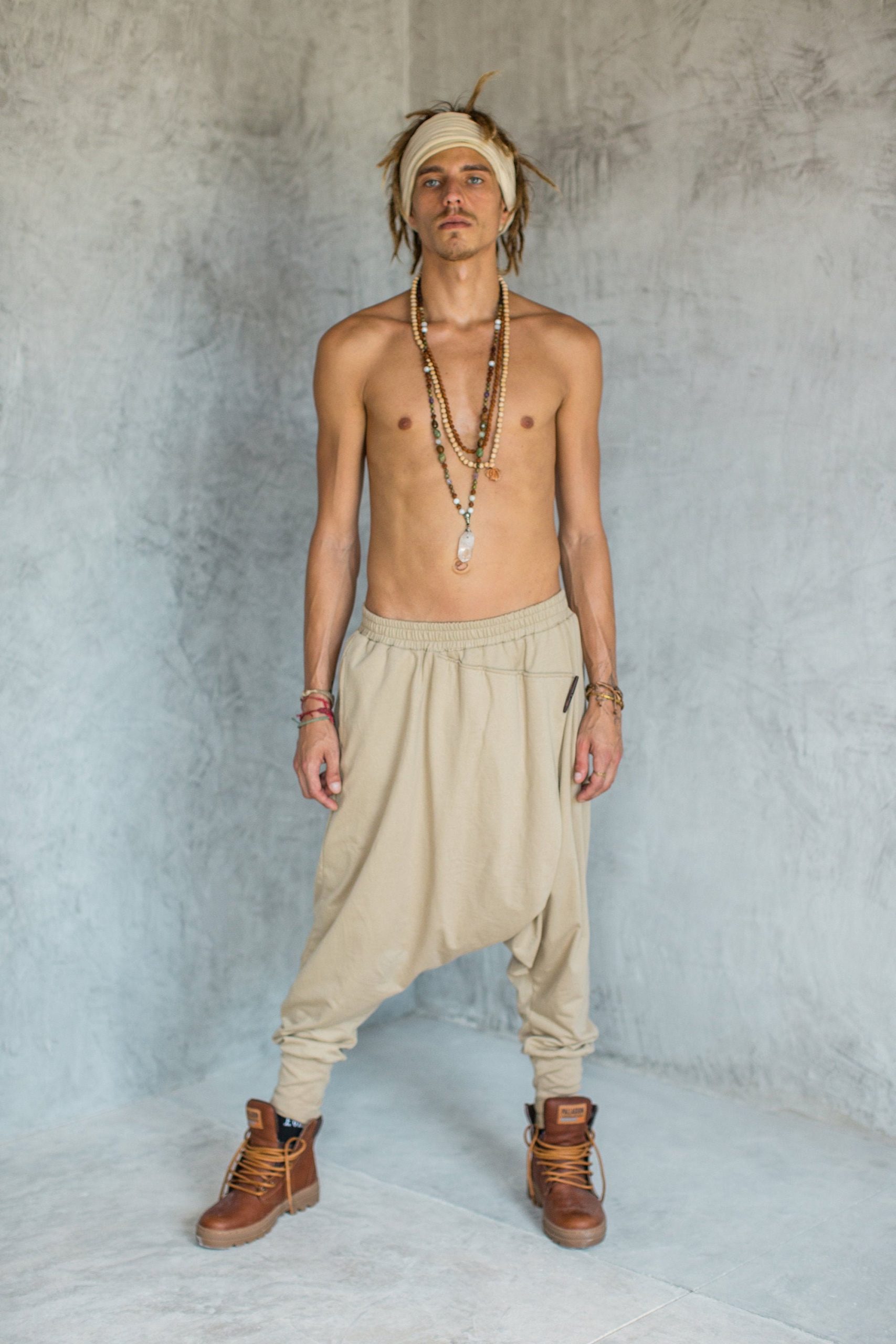 Cream Beige Cotton Harem Pants: Drop Crotch Ninja