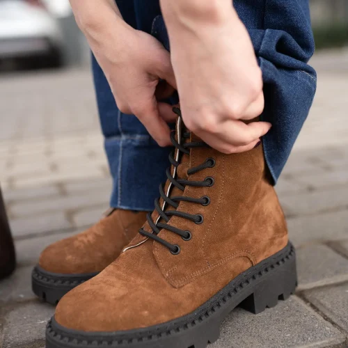 Women S Brown Suede Combat Boots Handmade Lace
